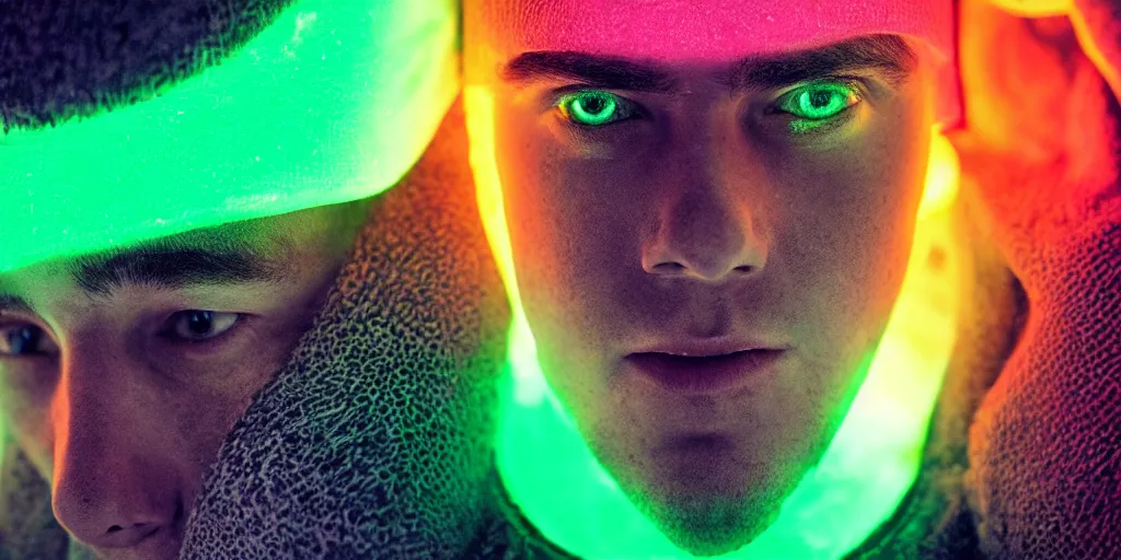 Prompt: an extreme close - up portrait of a man wearing a neon glowing hoodie, photographic filter, unreal engine 5, realistic, hyperdetailed, 8 k, cinematic, volumetric lighting, very realistic effect, hd, hdr, 4 k, sharp focus, octane render, ultra detailed, high resolution, trending on artstation in the style of albert dros glowing rich colors powerful imagery