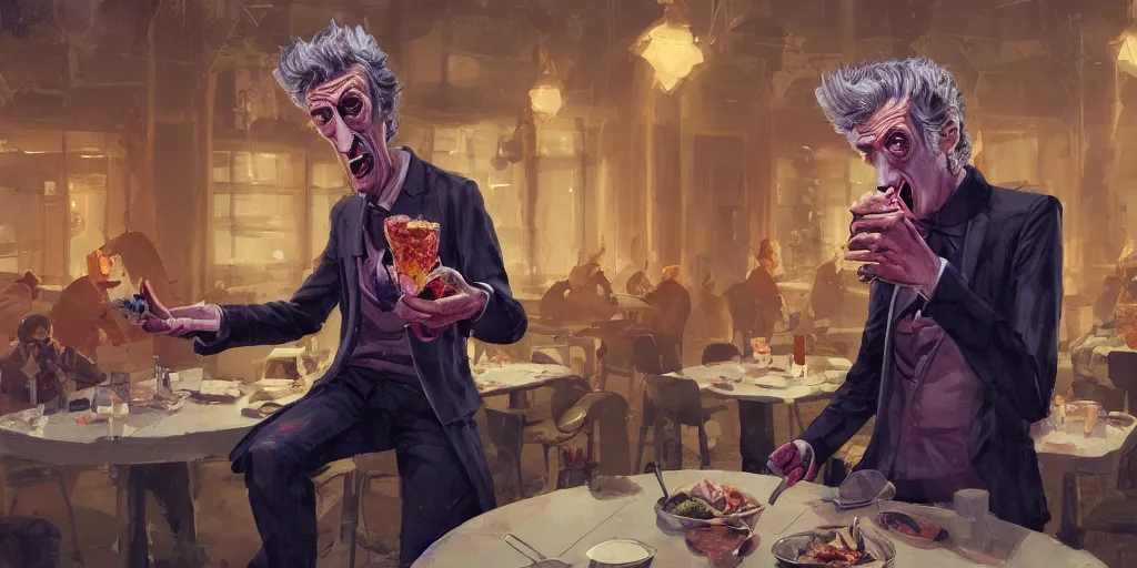 Image similar to cartoonish peter capaldi eating dinner, vivid colors, character sheet, fine details, concept design, contrast, kim jung gi, greg rutkowski, trending on artstation, 8 k, full body, turnaround, front view, back view, ultra wide angle