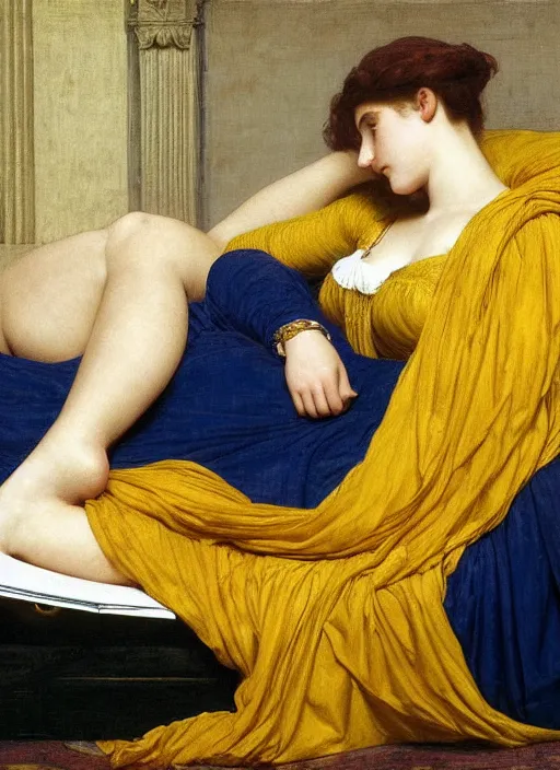 Prompt: masterpiece portrait of lady reclining on bed draping flowing reading sheets floating flying wearing yellow ochre ornate medieval dress, vertical, foreshortening, colour photography by frederic leighton, william morris, 8 k