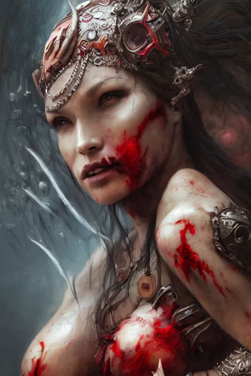 Image similar to face closeup of beautiful girl necromancer, witch - doctor covered in blood, fallen angel, diablo, 3 d render, hyper - realistic detailed portrait, holding fire and electricity, ruan jia, wlop. scifi, fantasy, magic the gathering, hyper detailed, octane render, concept art, peter mohrbacher