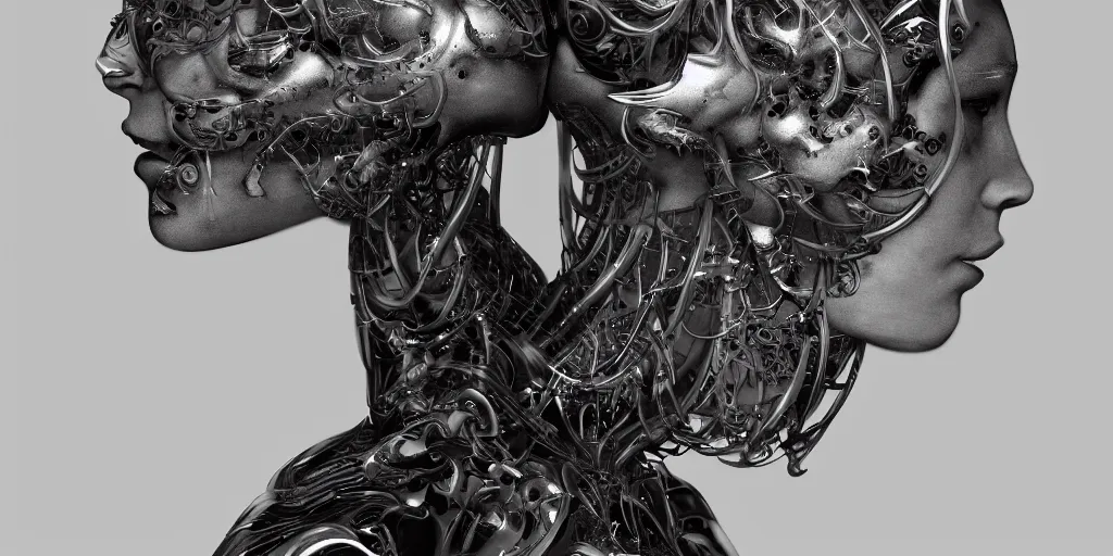 Image similar to hyper realistic photography of a stunningly beautiful cyborg female, elbow, chest, intimate, holding close, reflective chrome in the style of beth cavener, jin kagetsu,, and wlop, highly detailed, intricate filigree, masterpiece, award winning, sharp focus, concept art, ringflash lighting, ambient lighting, octane render, 8 k, artstation