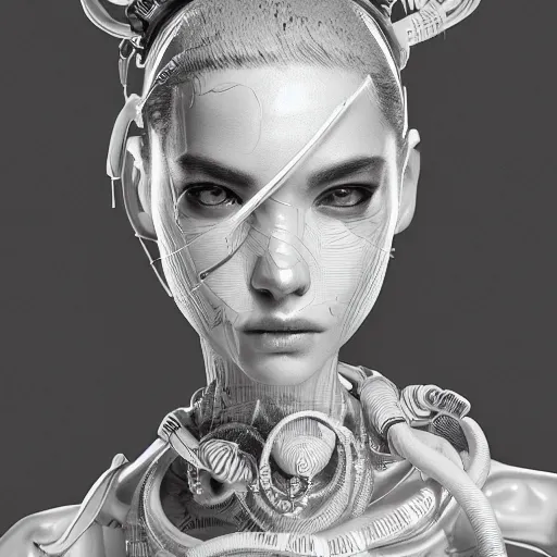 Image similar to the portrait of an absurdly beautiful, graceful, elegant, sophisticated, fashionable cyberpunk gravure idol, an ultrafine hyperdetailed illustration by kim jung gi, irakli nadar, intricate linework, bright colors, porcelain skin, unreal engine 5 highly rendered, global illumination, radiant light, detailed and intricate environment