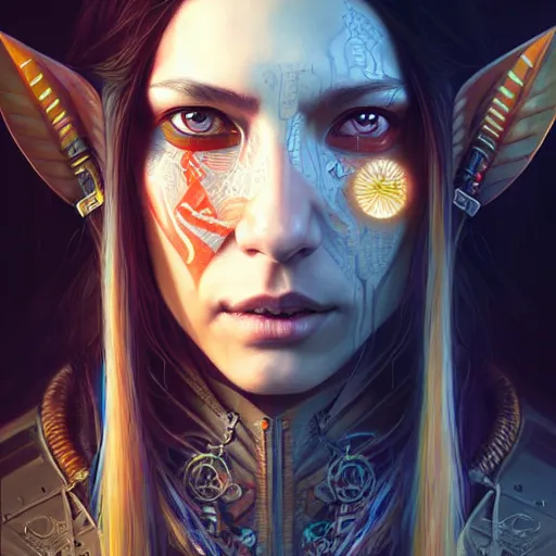 Image similar to portrait painting of a cyberpunk native american elven street samurai, ultra realistic, concept art, intricate details, eerie, highly detailed, photorealistic, octane render, 8 k, unreal engine. art by artgerm and greg rutkowski and charlie bowater and magali villeneuve and alphonse mucha