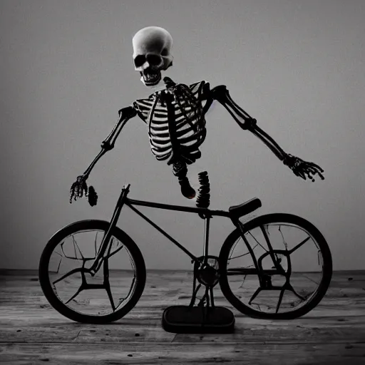 Image similar to “skeleton with a huge head riding a bicycle, studio lighting”