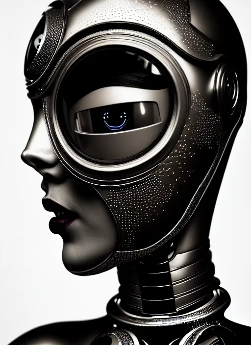 Image similar to a beautiful young female futuristic robot profile face photo, daguerrotype, closeup - view, f / 2. 8, low contrast, 1 6 k, beautiful lighting, reflective, insanely detailed and intricate, hypermaximalist, elegant, ornate, hyper realistic, super detailed, surreal dreamy poetic