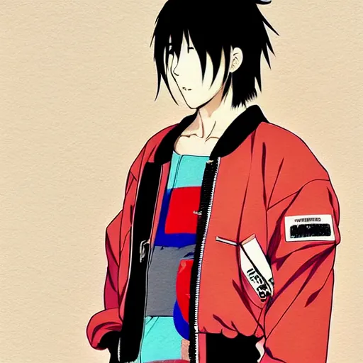 Prompt: a beautiful japanese male! gravure model, wearing oversized native designer bomber jacket and leotard with overalls, bulky poofy bomber jacket with mesoamerican patterns, mesoamerican native street fashion, gapmoe yandere grimdark, trending on pixiv fanbox, painted by greg rutkowski makoto shinkai takashi takeuchi studio ghibli, akihiko yoshida