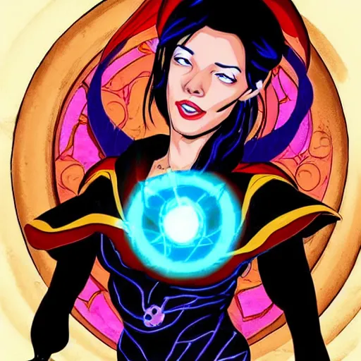 Prompt: a beautiful female that is a portal to another dimension in the style of dr strange