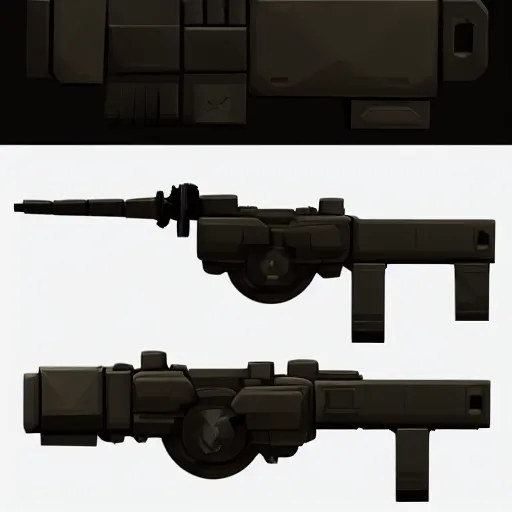 Image similar to isometric heavy dieselpunk grenade launcher | | dark matte background, stylized weapon icons, digital painting, by greg rutkowsky, trending on artstation