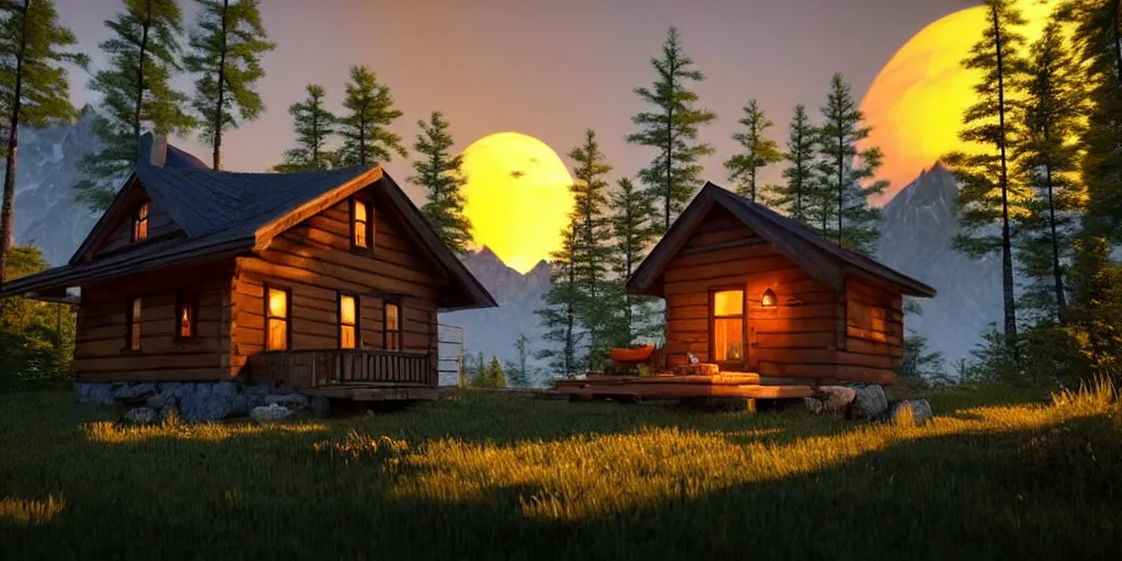 Prompt: a cozy little house in the woods, mountains in the background relaxing, 3 d concept art by phillip urlich, chill, relaxing, peaceful, sunset, extremely detailed art, unreal engine 5, hyper realism