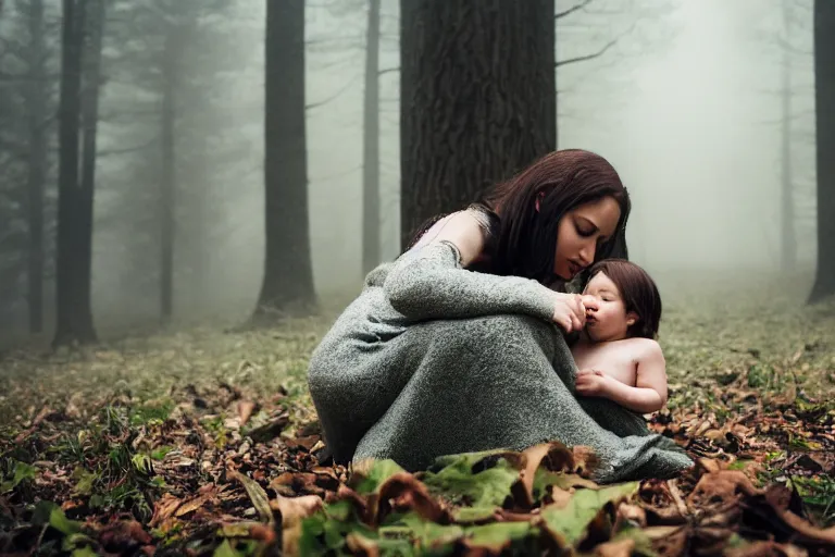 Image similar to a cinematic photo of a young woman with dark hair holds a baby in a dark, foggy forest, closeup, masterpiece