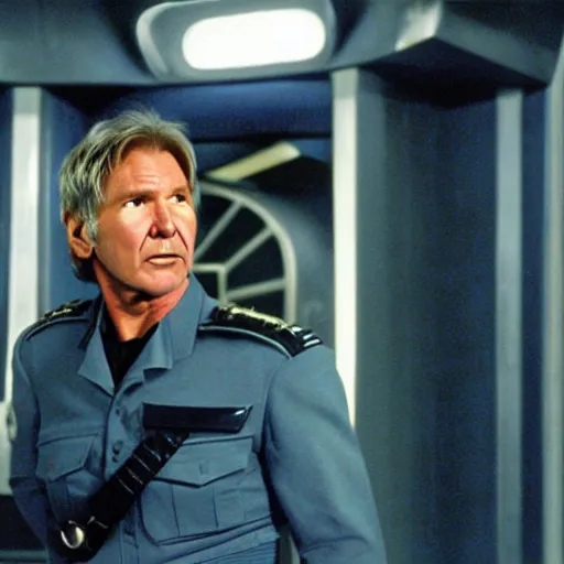 Image similar to A still of Harrison Ford as Commander Adama in Battlestar Galactica (2003), dark blue uniform