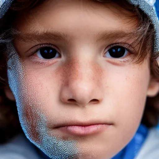 Image similar to a closeup portrait of a boy with brown hair and brown eyes. Extremely clear and high quality eyes with reflection in this, realistic face and details, clear lips and high quality