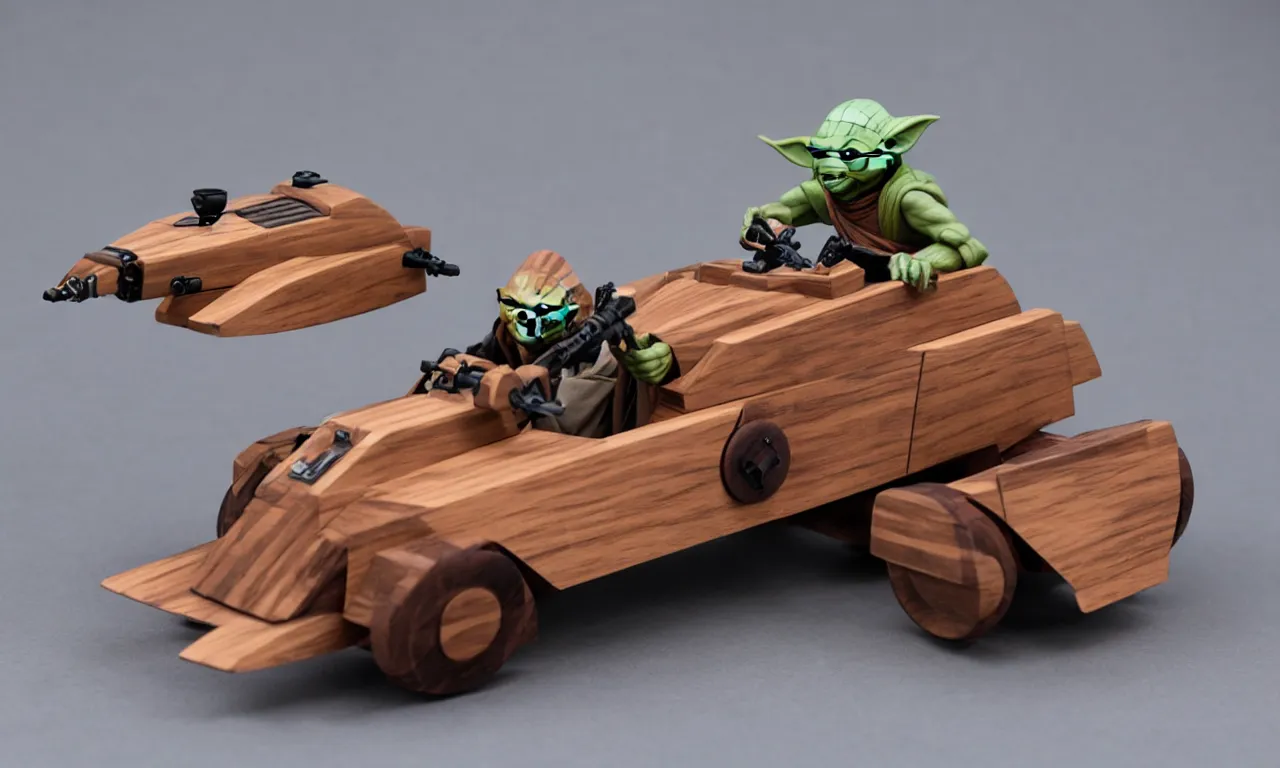 Prompt: wooden general, speeder piloted by yoda, wooden board, mahogany, empreror, nordic pastel colors, perfect lightning