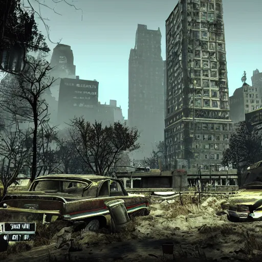 Image similar to central park, new york city in ruins post - nuclear war in fallout 4, in game screenshot