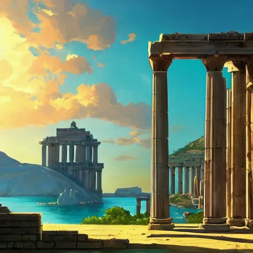 Image similar to Greek Gods, The temple of Apollo, Naxos, bright sky, natural lighting , by Makoto Shinkai, Marc Simonetti,Peter Mohrbacher , Miyazaki, Nausicaa Ghibli, Breath of The Wild