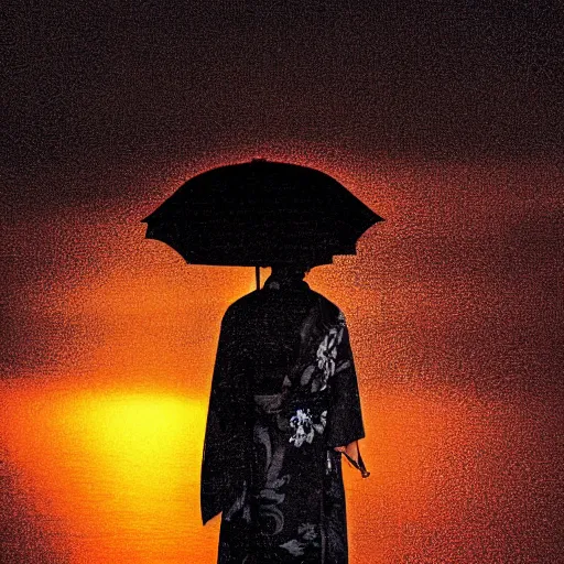 Image similar to dramatic portrait of a geisha holding and umbrella in a rainstorm at sunset by rob rey