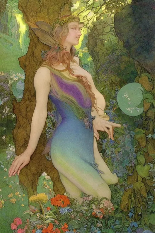 Prompt: a beautiful faerie wearing a silk dress, in a lord of the rings scenery landscape, detailed, rainbowshift, by maxfield parrish, alphonse mucha, brian froud