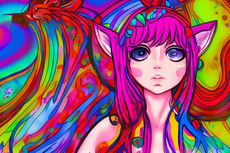 Prompt: girl with cat ears, psychedelic, lsd, trending on artstation, anime style, portrait, 4 k