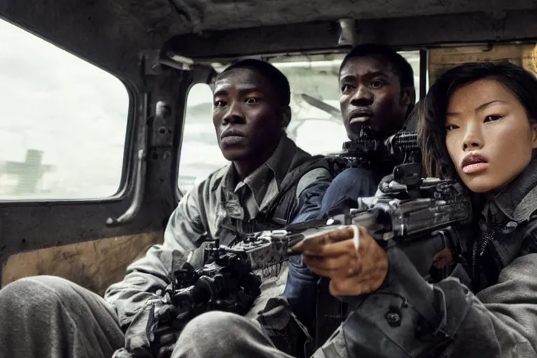 Image similar to movie diverse interracial team of Japanese robbers armed with rifles interior clean futuristic tactical van, beautiful skin, Symmetrical faces. natural lighting by Emmanuel Lubezki