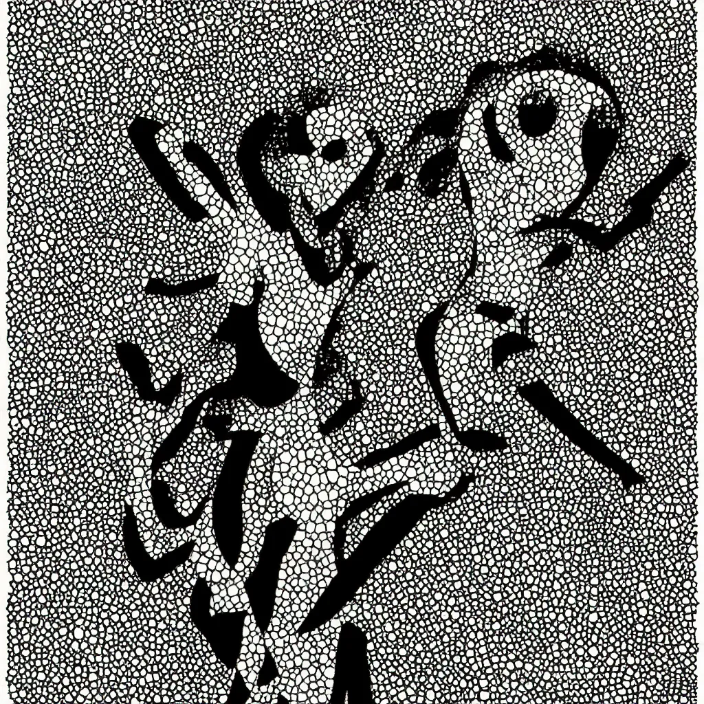 Image similar to woman, abstract, jet set radio artwork, ryuta ueda artwork, hylics artwork, ink, asymmetry, stipple, lines, stippling, crosshatching, linework, dark, ominous, eerie, hearts, minimal, points, technical, natsumi mukai artwrok, tight