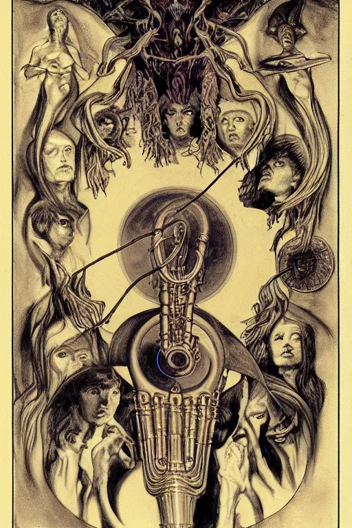 Image similar to occult diagram of the trumpet of spirit conversation in the style of wayne barlowe, gustav moreau, goward,  Gaston Bussiere and roberto ferri, composition by austin osman spare