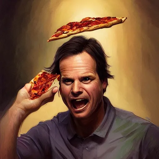 Prompt: portrait of Bill Paxton opening his mouth to eat pizza, highly detailed, digital painting, artstation, concept art, sharp focus, illustration, art by artgerm and greg rutkowski and alphonse mucha