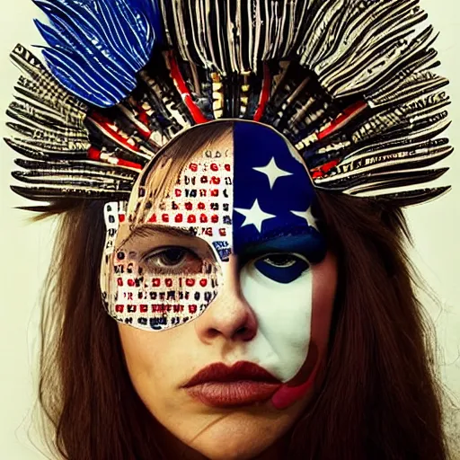 Image similar to a beautiful portrait sculpture designed by Sandra Chevrier, tribal head dress, American stars and stripes on face, by Annie Leibovitz