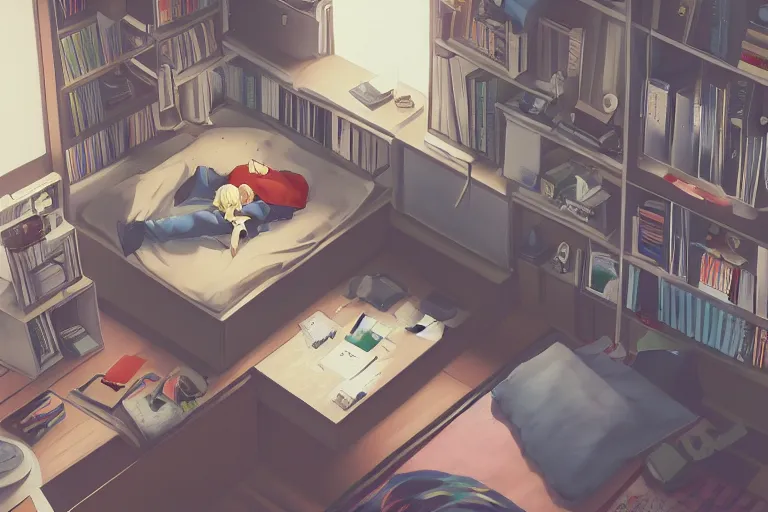 Image similar to a room of a japanese young man, bookshelves, cd, tiny, clean and tidy, small balcony, tatami, warm, cozy, isometric art, bright, artstation, highly detailed, cinematic lighting + masterpiece, life is strange, illustration