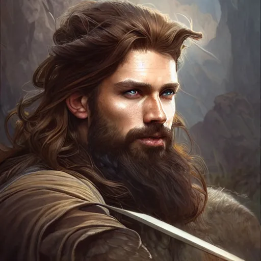 Image similar to Portrait of rugged male ranger, D&D, amber eyes, face, long hair, muscular, fantasy, intricate, elegant, highly detailed, digital painting, artstation, concept art, smooth, sharp focus, illustration, art by artgerm and greg rutkowski and alphonse mucha