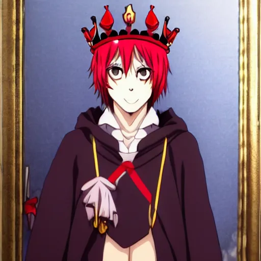 Image similar to man with red eyes and a crown grinning, anime