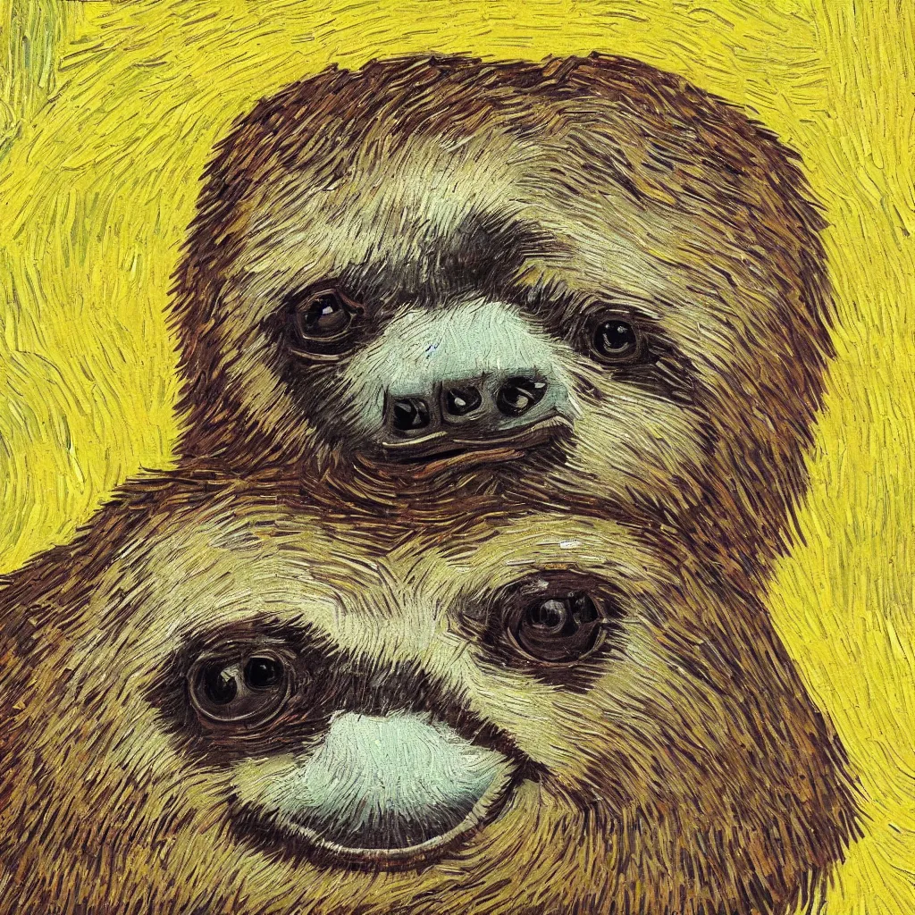 Image similar to a beautiful oil painting of a sloth's face in the style of van Gogh