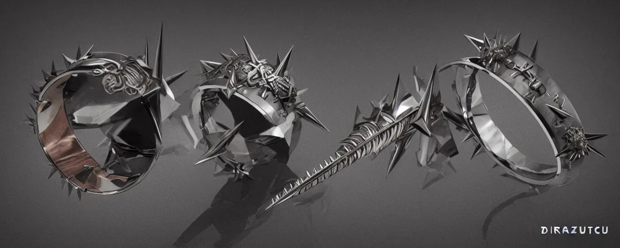Image similar to tungsten ring with spikes, ring, steel, sword, crystals, smooth shank, engravings, product design, jewelry, art by gerald brom, greg rutkowski and artgerm and james jean and zdzisław beksinski, 8 k, unreal engine, c 4 d