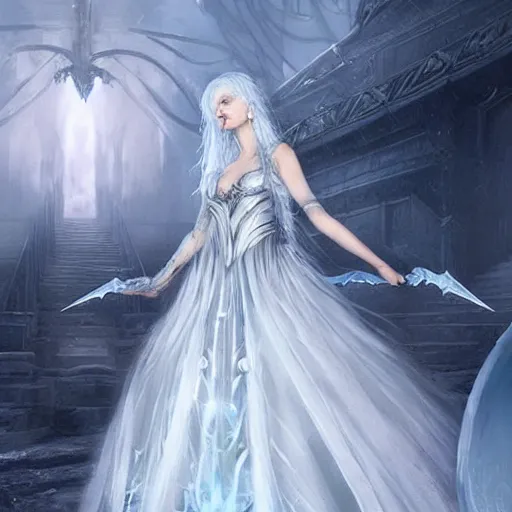 Image similar to kerli koiv as a ice queen full ball gown dress, darkwave, darksynth, concept art, sharp, digital matte painting, art by luis royo, greg rutkowski, wlop, dramatic lighting, trending on artstation