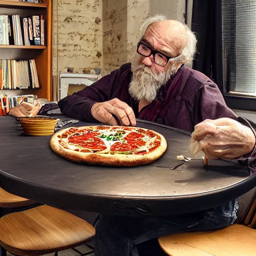 Image similar to a grumpy old danish man with long black hair eating pizza while DMing an AD&D game, D&D, rogue, dark hair, skinny, middle aged, D&D dice on table, papers on table, character sheets on table, natural lighting, black hair