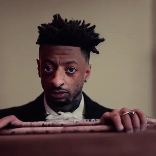 Image similar to cinematic film still of rapper 21 Savage starring in a Horror Anthology Series in the style of Wes Craven, shallow depth of field, HD, nightmare