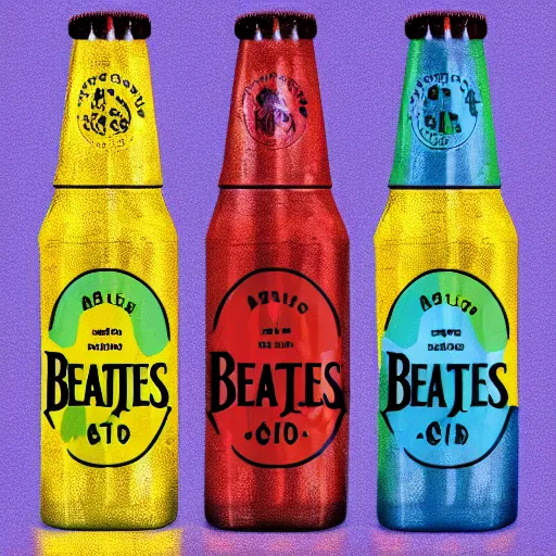 Prompt: an advertisement for a beatles soda, with the beatles pasted on the packaging, soda bottle with a small illustration of the beatles pasted on the packaging, award winning, studio light, 4K