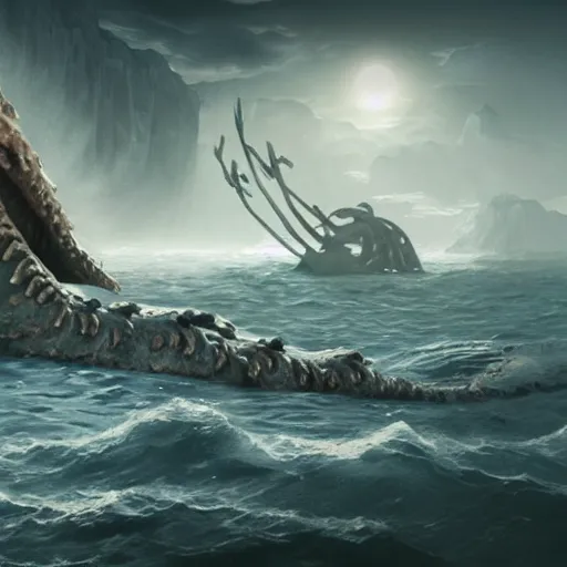 Prompt: Moses parting the sea to reveal a giant kraken lurking on the sea floor, epic, concept Art, detailed, 4K —n 4