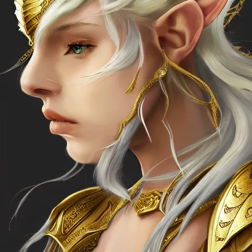 Image similar to side portrait!!! of a female elven warrior, fantasy, head tilted down, white hair, gold armour, gold jewelry, white skin, detailed face, trending on artstation, gsociety, D&D, elegant, highly detailed, sophisticated, hyperrealistic!!!!!, detailed illustration, smooth, sharp focus, upper body, intricate, rule of thirds, holy glow, backlit, hd 4k by Greg Rutkowski, Charlie Bowater, Karol Bak