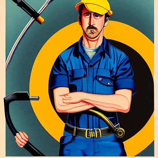 Image similar to realistic portrait of ryan gosling as a mechanic in beret, with a huge wrench, futuristic, highly detailed, 7 0 - s style poster, sharp focus, illustration, art by kawase hasui,