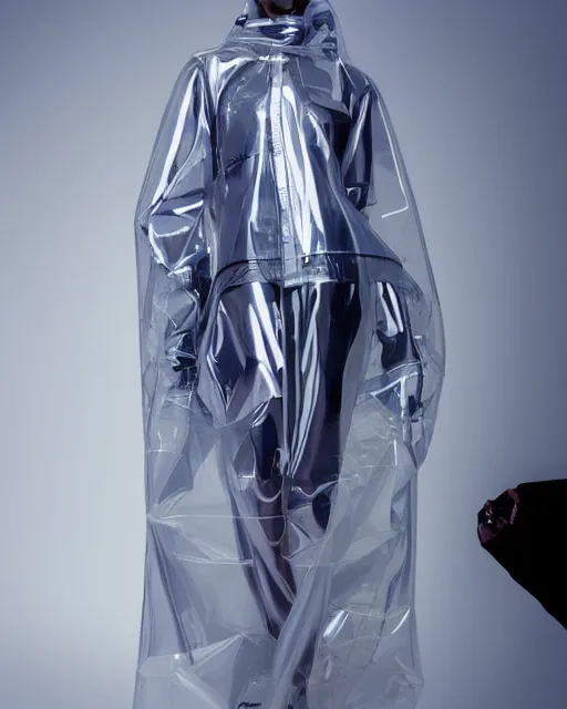 Image similar to an award winning fashion photograph of Balenciaga's transparent raincoat by Catherine Opie and Hajime Sorayama, Demna Gvasalia, cyberpunk, futuristic, Bladerunner 2049, dazzle camouflage!