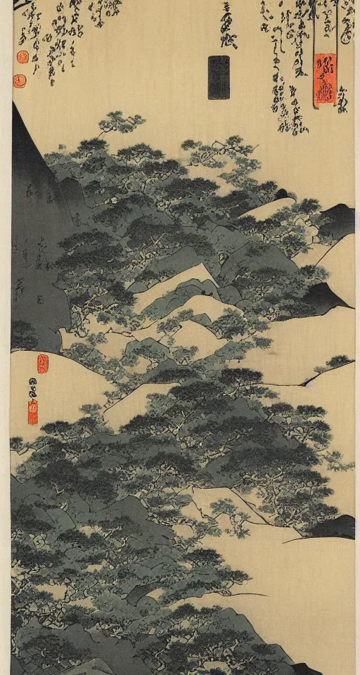 Image similar to hokusai, path of steps leading up to a temple, japanese style, dreamy, layered, soft, black ink