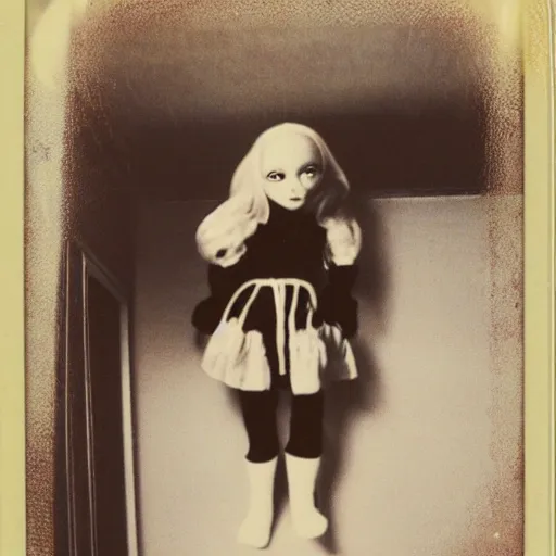 Prompt: a very beautiful picture of a creepy doll in a bathroom, polaroid, old