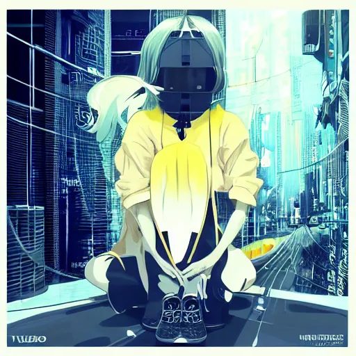 Image similar to Frequency indie album cover, luxury advertisement, yellow filter, white and gray colors. Clean and detailed post-cyberpunk sci-fi close-up schoolgirl in asian city in style of cytus and deemo, blue flame, relaxing, calm and mysterious vibes, by Tsutomu Nihei, by Yoshitoshi ABe, by Ilya Kuvshinov, by Greg Tocchini, nier:automata, set in half-life 2, Matrix, GITS, Blade Runner, Neotokyo Source, Syndicate(2012), dynamic composition, beautiful with eerie vibes, very inspirational, very stylish, with gradients, surrealistic, dystopia, postapocalyptic vibes, depth of field, mist, rich cinematic atmosphere, perfect digital art, mystical journey in strange world, beautiful dramatic dark moody tones and studio lighting, shadows, bastion game, arthouse