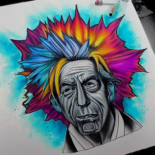 Image similar to rick sanchez art piece from best tattoo artist, realistic color by, on mat paper, winning, alltime favorite, instagram