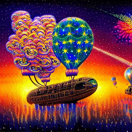 Prompt: intricate detailed airship made of stars and galaxies, flowers balloons and fireworks at sunset. Lisa Frank, james gurney,dan luvisi,Petros Afshar,tim hildebrandt,liam wong,Mark Riddick,thomas kinkade,ernst haeckel,dan mumford,trending on artstation,josephine wall, WLOP ,cgsociety by Gediminas Pranckevicius, trending on cgsociety and DeviantArt