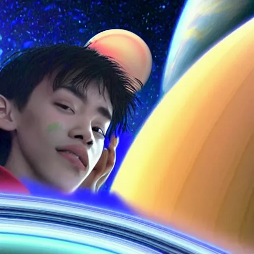 Image similar to anime of jacob collier on space touching saturn rings in space darkness