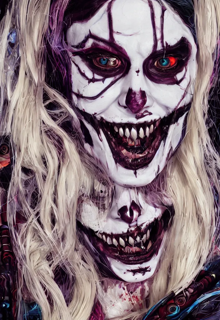 Prompt: portrait of Margot Robbie as undead harley quinn. skeleton. intricate abstract. intricate artwork. by Tooth Wu, wlop, beeple, dan mumford. octane render, trending on artstation, greg rutkowski very coherent symmetrical artwork. cinematic, hyper realism, high detail, octane render, 8k, iridescent accents