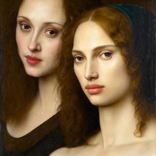 Prompt: museum quality painting of scarlet johansson and natalie portman, by jan van eyck, tom bagshaw, jean delville, william bouguereau, albrecht durer