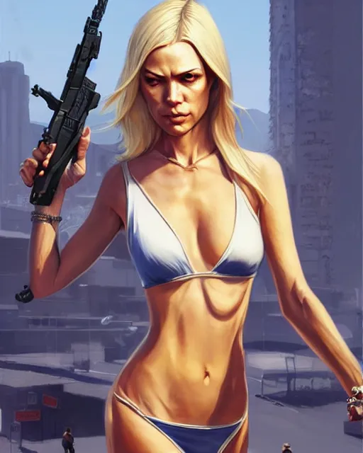 Image similar to a thin blonde lady as a gta 5 cover, real life skin, intricate, highly detailed, artstation, concept art, smooth, sharp focus, art by artgerm and greg rutkowski