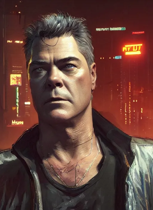 Image similar to portrait of ray liotta as a homeless character in cyberpunk 2 0 7 7, looking at camera, intricate, dystopian, sci - fi, extremely detailed, digital painting, artstation, concept art, smooth, sharp focus, illustration, intimidating lighting, incredible art by artgerm and greg rutkowski and alphonse mucha and simon stalenhag